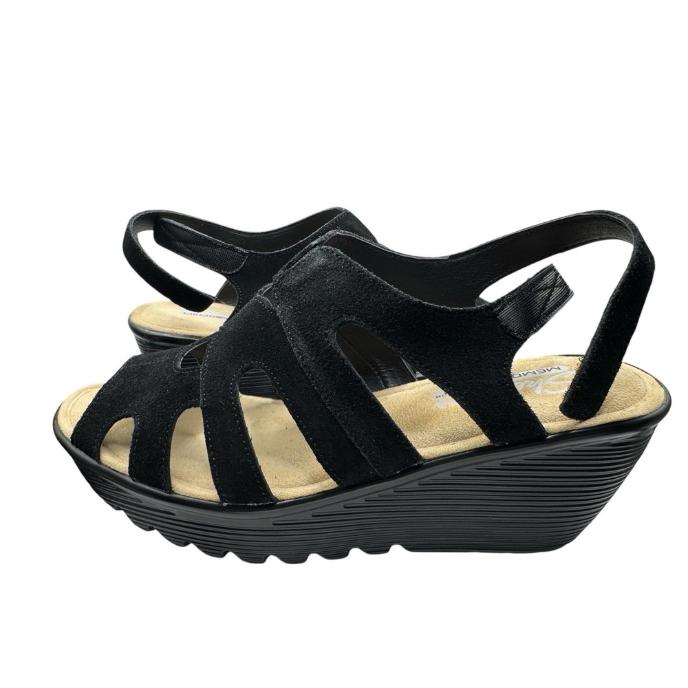 Skechers Wedge Memory Foam Black Suede Sandals Size 8 - Picture 9 of 14